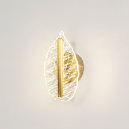 Modern decorative wall light with leaf design and warm glow for bedroom or living decor lighting placement white background.