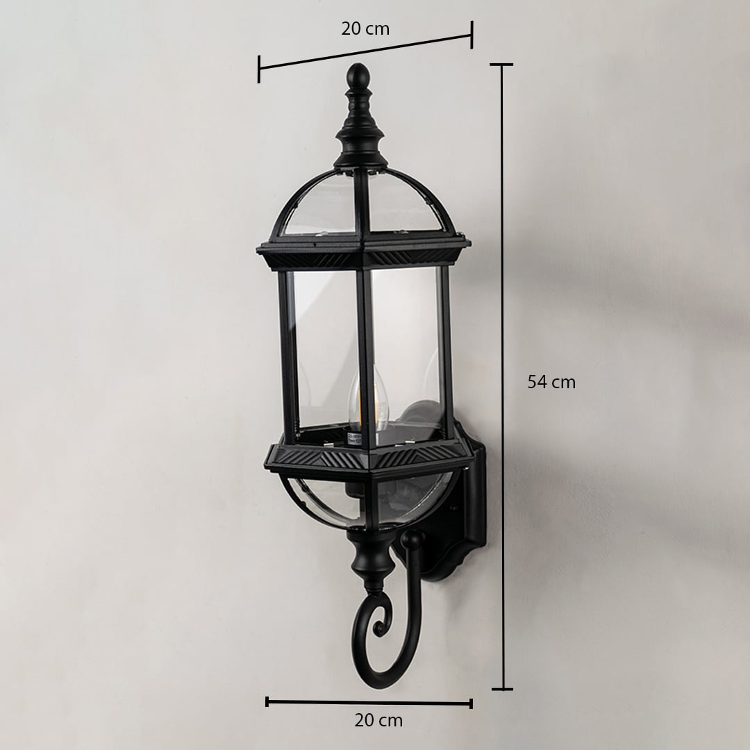 Lantern wall light dimensions with width 20 cm depth 20 cm and height 54 cm displayed on white background.