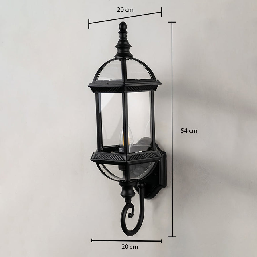 Lantern wall light dimensions with width 20 cm depth 20 cm and height 54 cm displayed on white background.