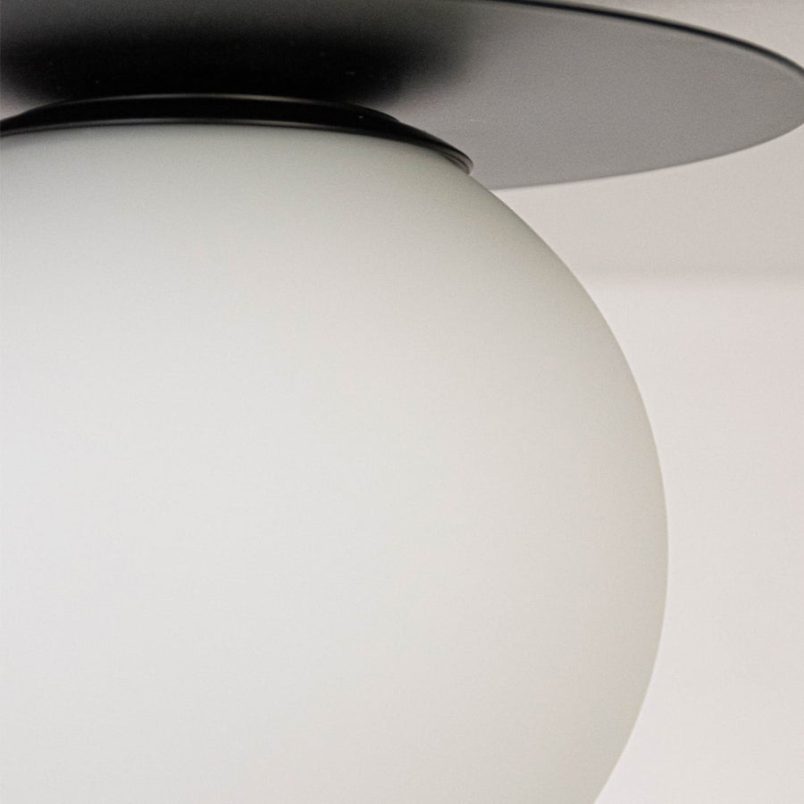 Closeup of ceiling light with matte black base and frosted glass globe shade for modern home lighting decor.