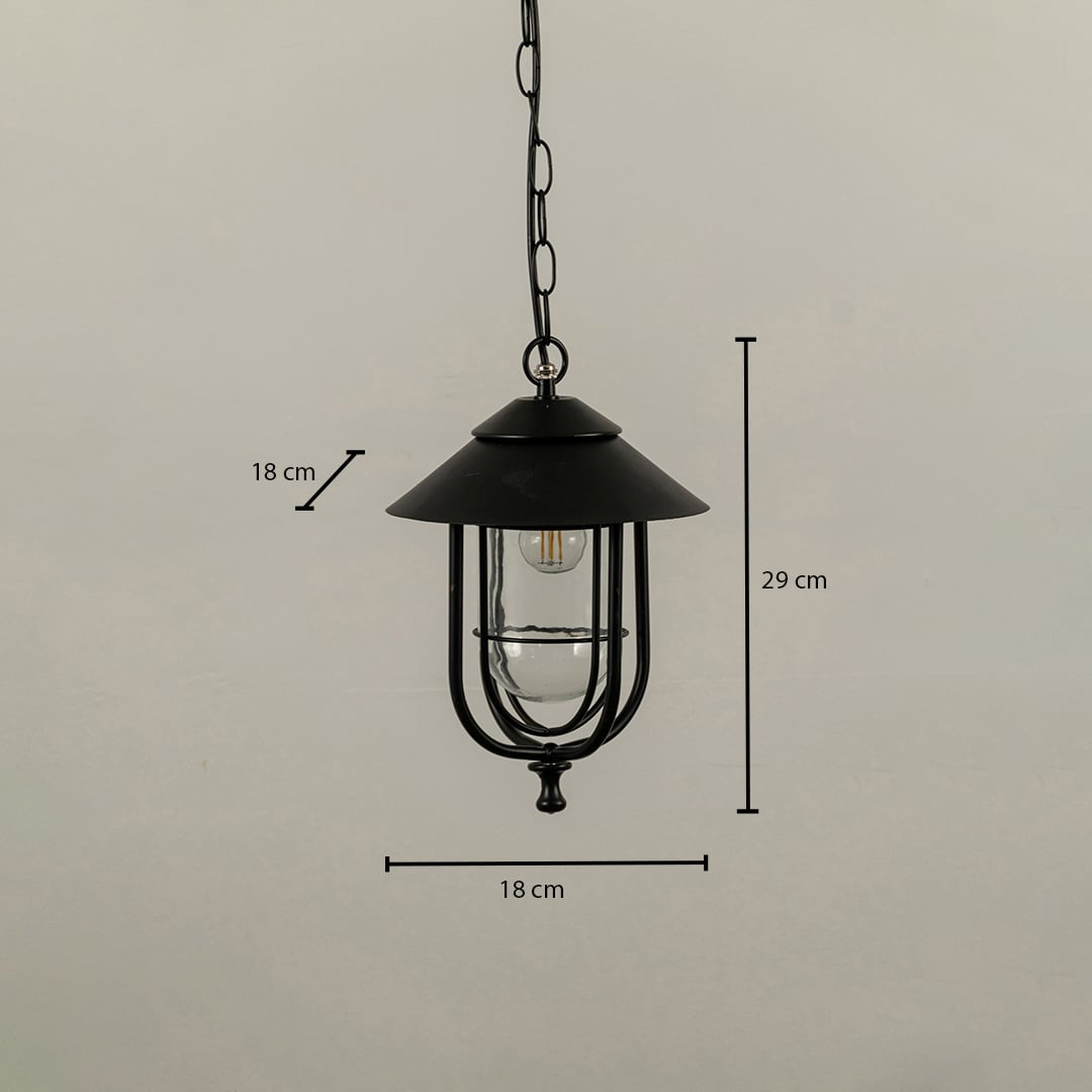 A detailed measurements view of the outdoor hanging lantern showing height 29 cm and width 18 cm clearly marked for accurate product sizing.
