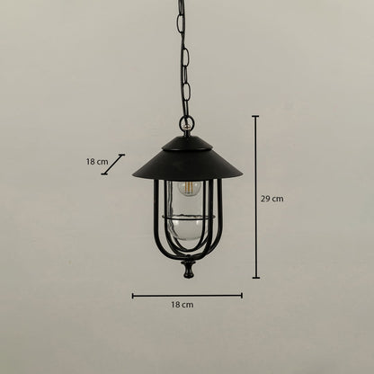 A detailed measurements view of the outdoor hanging lantern showing height 29 cm and width 18 cm clearly marked for accurate product sizing.