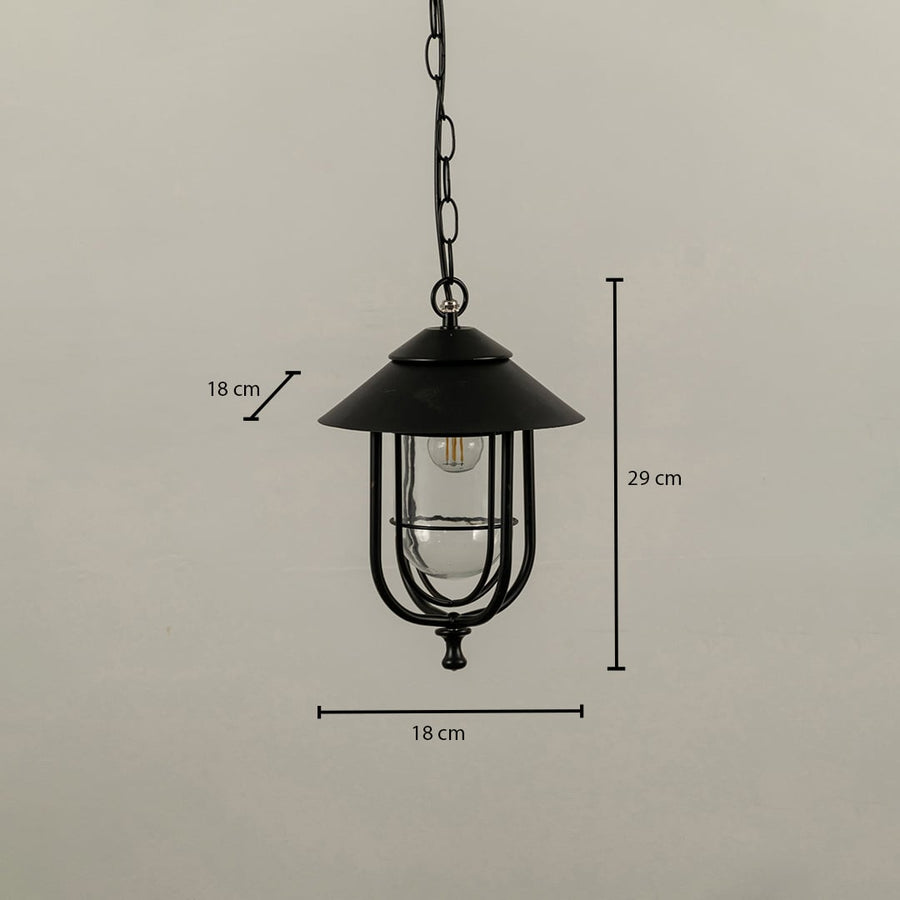 A detailed measurements view of the outdoor hanging lantern showing height 29 cm and width 18 cm clearly marked for accurate product sizing.