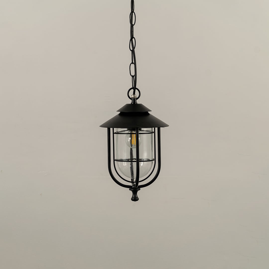 A classic outdoor hanging lantern displayed with the light off against a white background showing its clear glass shade and structured metal frame.
