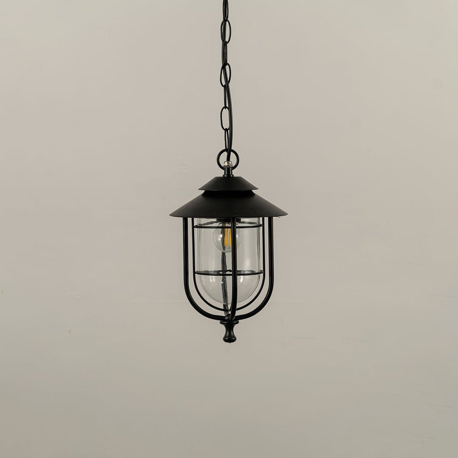 A classic outdoor hanging lantern displayed with the light off against a white background showing its clear glass shade and structured metal frame.