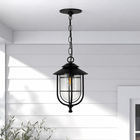 Modern black metal hanging lantern light enhancing white exterior porch decor with elegant warm lighting.