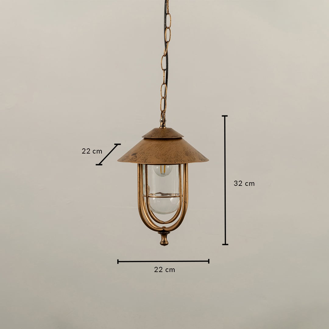 A detailed measurement view of a hanging lantern showing 22 cm width and 32 cm height with clear glass panels and a curved frame against a plain background.