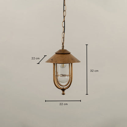 A detailed measurement view of a hanging lantern showing 22 cm width and 32 cm height with clear glass panels and a curved frame against a plain background.