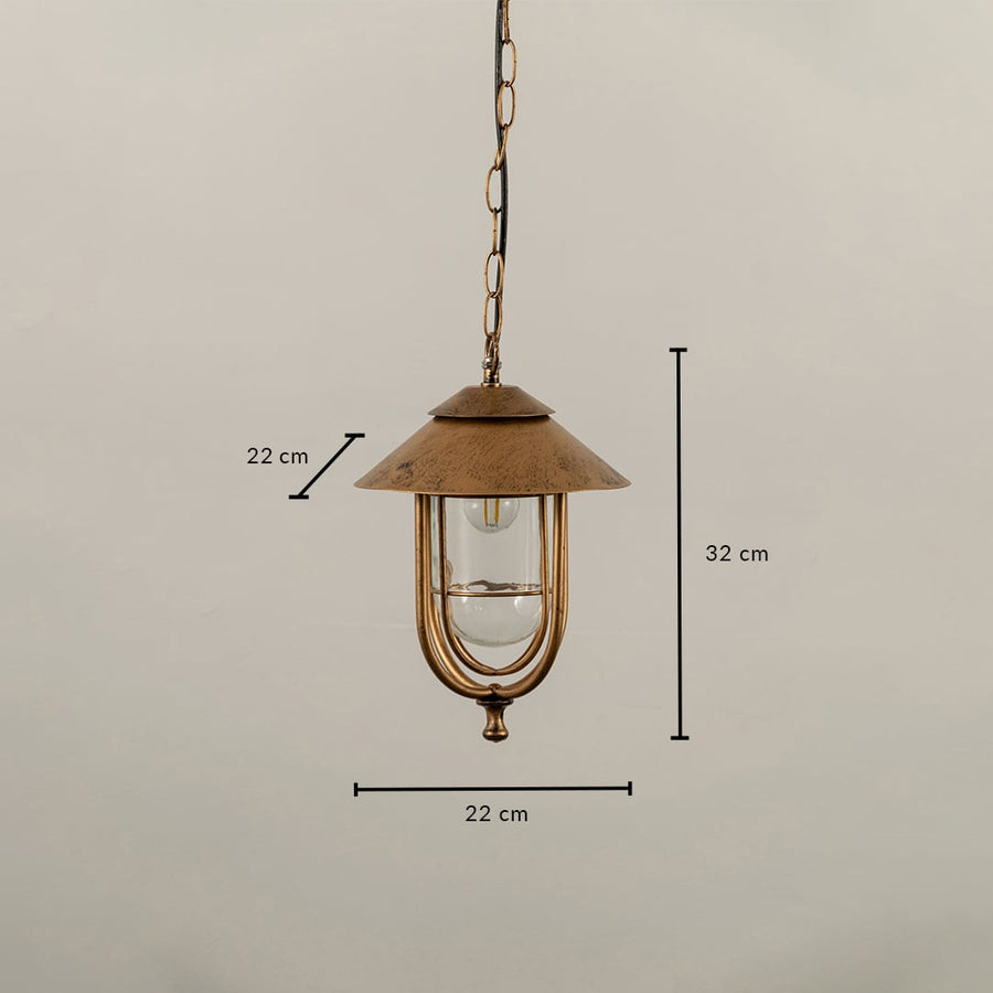A detailed measurement view of a hanging lantern showing 22 cm width and 32 cm height with clear glass panels and a curved frame against a plain background.