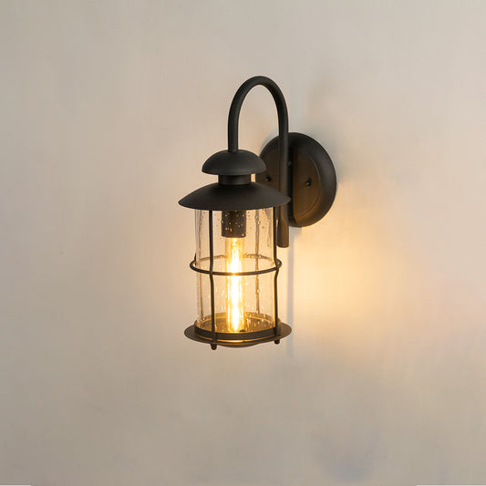ndustrial black metal gooseneck outdoor wall sconce on white background with a clear glass cage lantern for hallway decor.