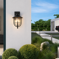 Industrial black iron cage nautical grid wall sconce lantern on white exterior building facade for modern backyard patio.