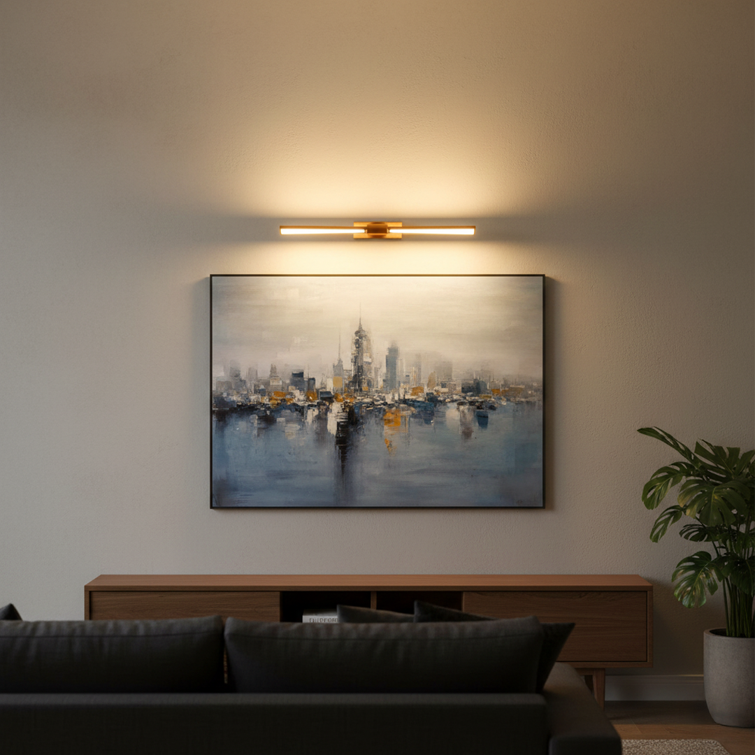 Gold metal picture light casting warm illumination above framed artwork enhancing sophisticated living room interiors.