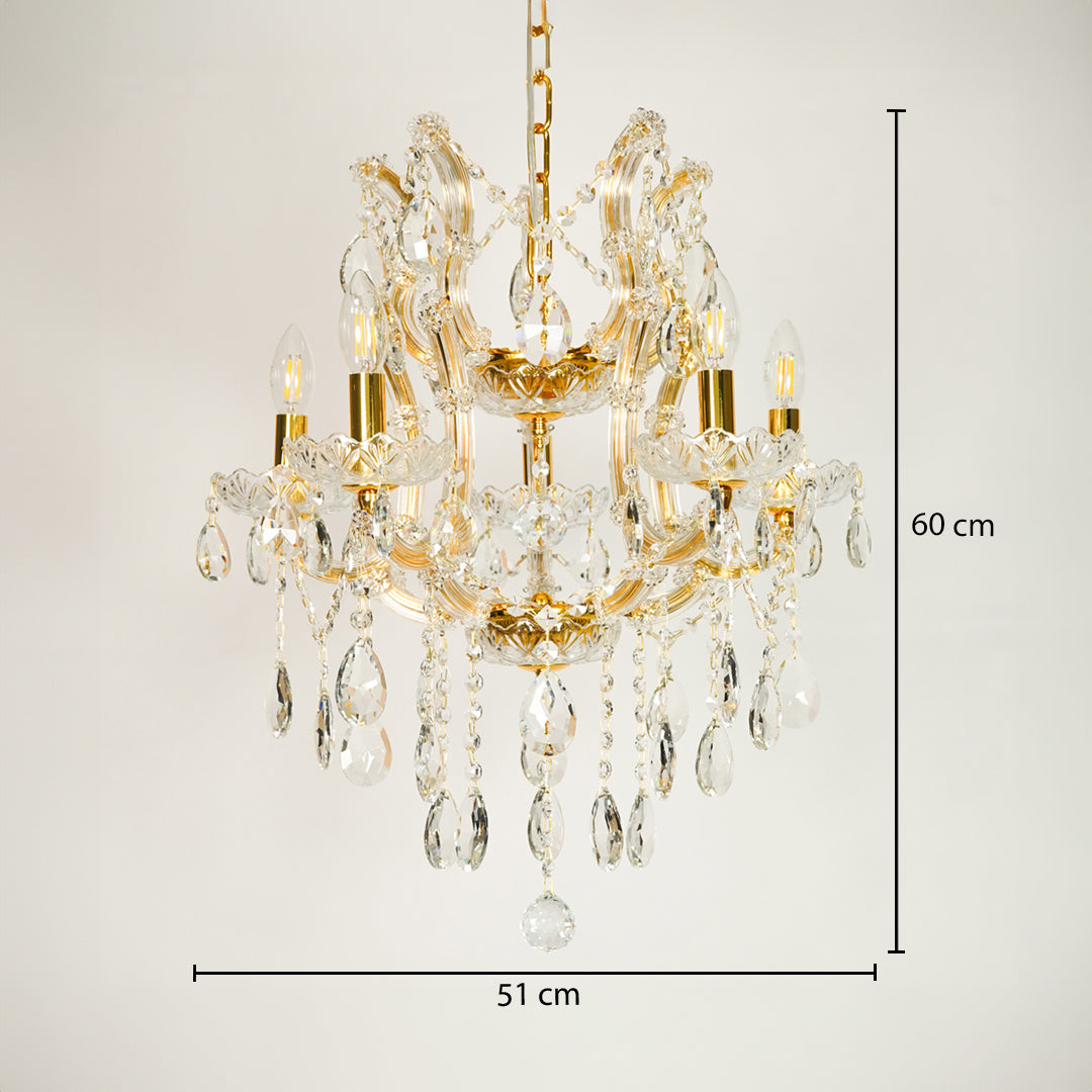 Dimension image of clear glass arm chandelier for modern dining room decor styling with precise size measurement.