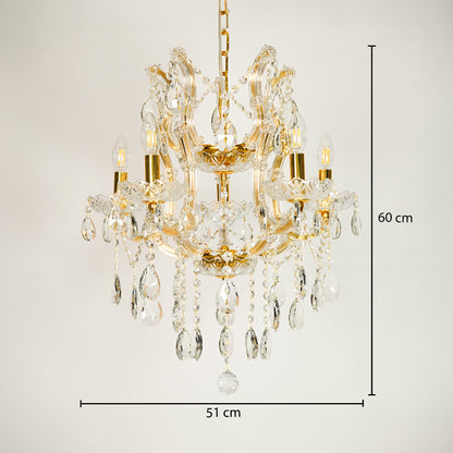 Dimension image of clear glass arm chandelier for modern dining room decor styling with precise size measurement.