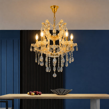 Lifestyle image of clear glass arm chandelier for luxury living room decor styling with elegant glass detailing.
