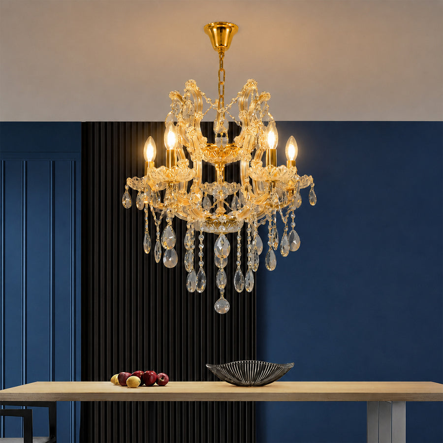 Lifestyle image of clear glass arm chandelier for luxury living room decor styling with elegant glass detailing.