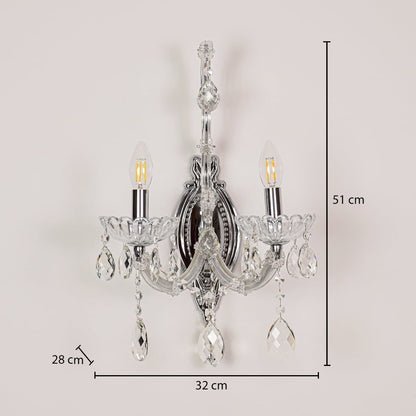Silver crystal wall light sized 51 cm height and 32 cm width with 28 cm depth ideal for elegant hallway or living room walls.