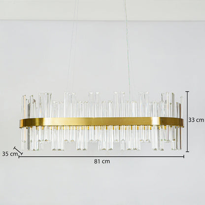 Luxury gold crystal ring chandelier with layered glass rods on white ceiling background 81 cm length 35 cm width 33 cm height ideal for modern dining space lighting.