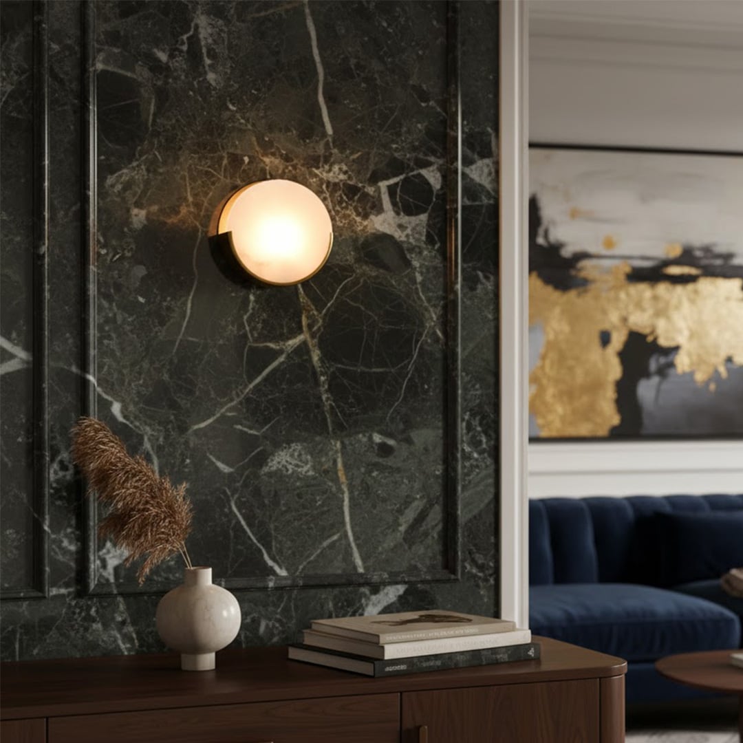 Modern white marble wall light for stylish living room and contemporary home decor styling spaces.