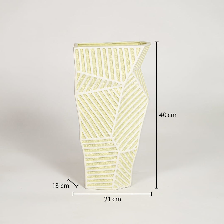Yellow ceramic geometric floor vase measuring 40 cm height 21 cm width and 13 cm depth perfect for statement decor styling.