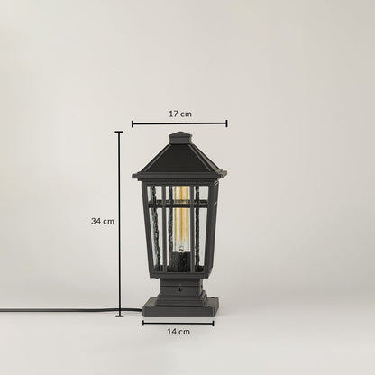 Black traditional post lantern Dimensions Image 34 cm height 17 cm top width 15 cm base width perfect for outdoor pillar mounting.