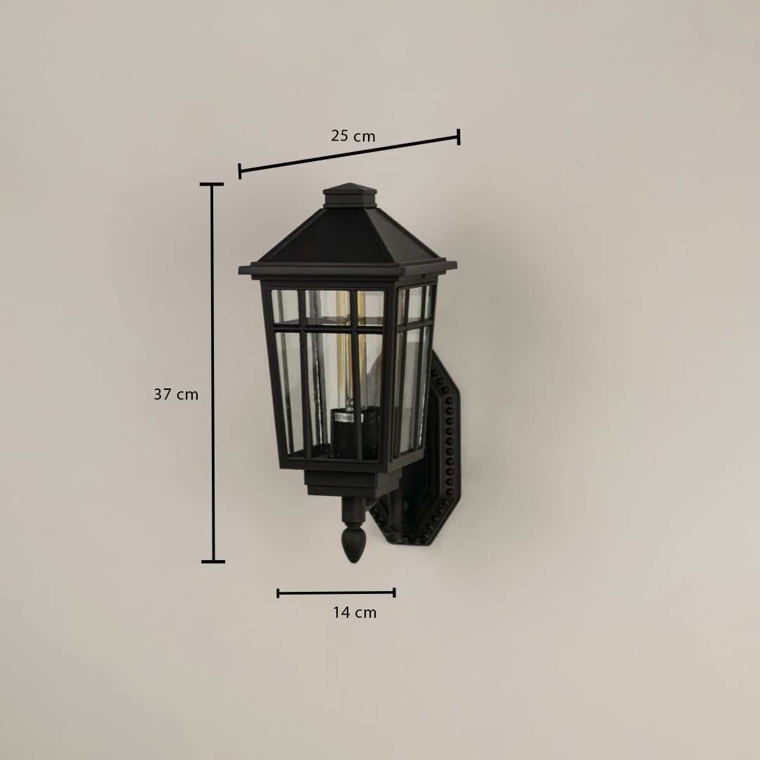 A black outdoor lantern with clear glass shown with full measurements height 37 cm width 25 cm and depth 14 cm clearly displayed for accurate installation reference.