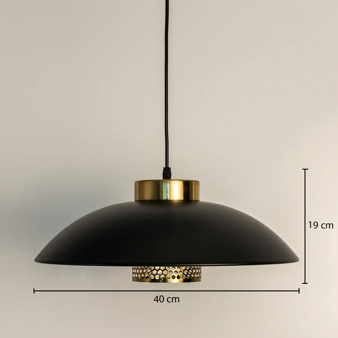 Dimension image of matte black metal pendant light with brass accents showing 19 cm height and 40 cm width.