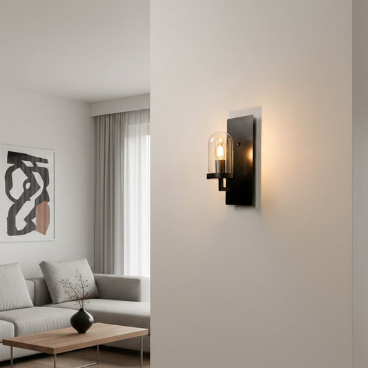 Lifestyle image of black loft industrial wall light for rustic living room decor styling and modern home lighting.