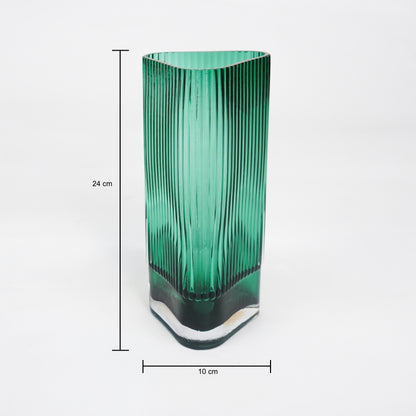 Dimension image of long green luxury glass vase for elegant tabletop decor styling and modern home interior room decoration.