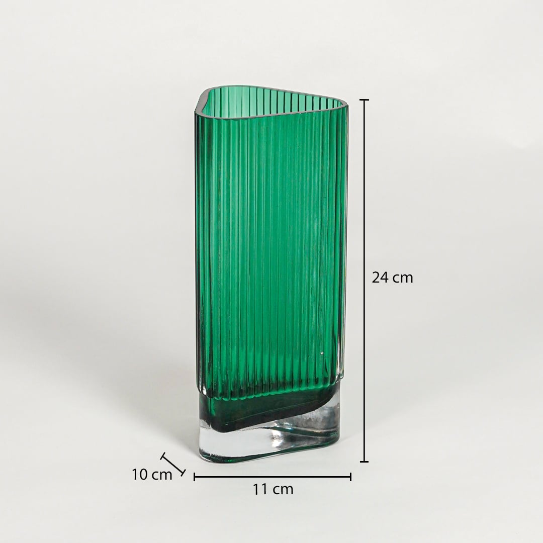 Green ribbed glass vase dimension image showing 24 cm height 11 cm width and 10 cm depth decorative glass accent for table styling.