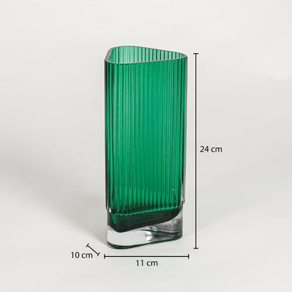 Green ribbed glass vase dimension image showing 24 cm height 11 cm width and 10 cm depth decorative glass accent for table styling.