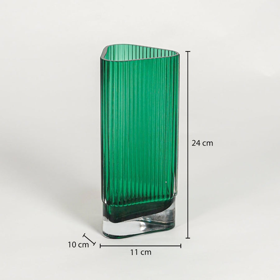 Green ribbed glass vase dimension image showing 24 cm height 11 cm width and 10 cm depth decorative glass accent for table styling.