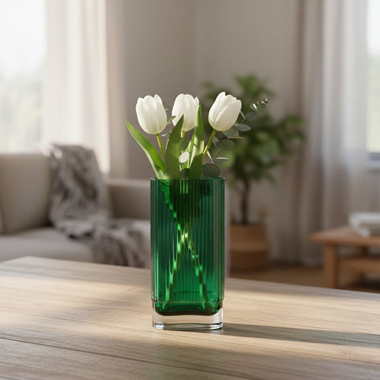 Green ribbed glass vase styled on living room table modern decorative glass accent for shelf console or center table styling.