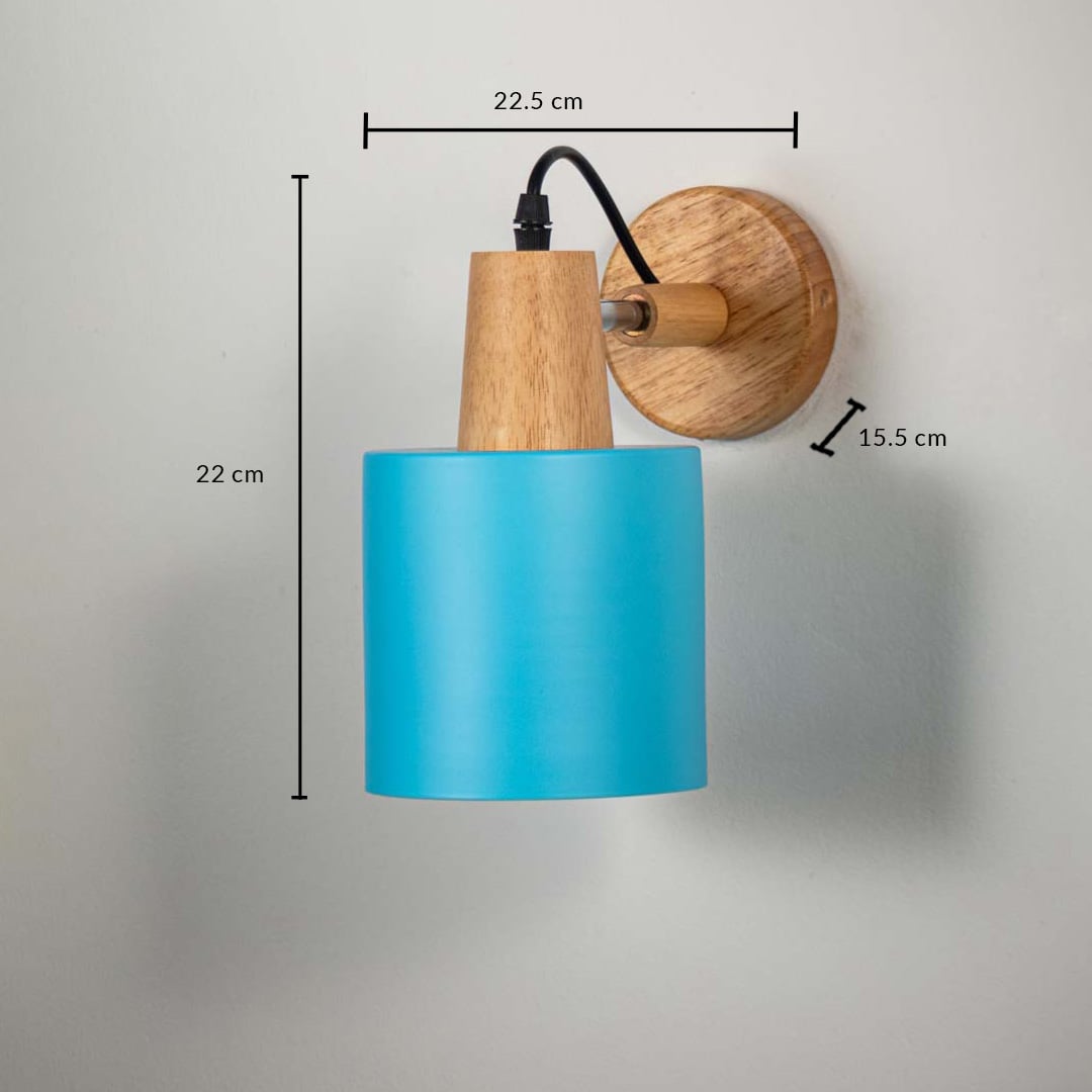 Blue fabric wall lamp with wood mount displaying 18 cm height 20 cm width and 12 cm projection ideal for contemporary wall lighting.