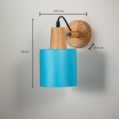 Blue fabric wall lamp with wood mount displaying 18 cm height 20 cm width and 12 cm projection ideal for contemporary wall lighting.