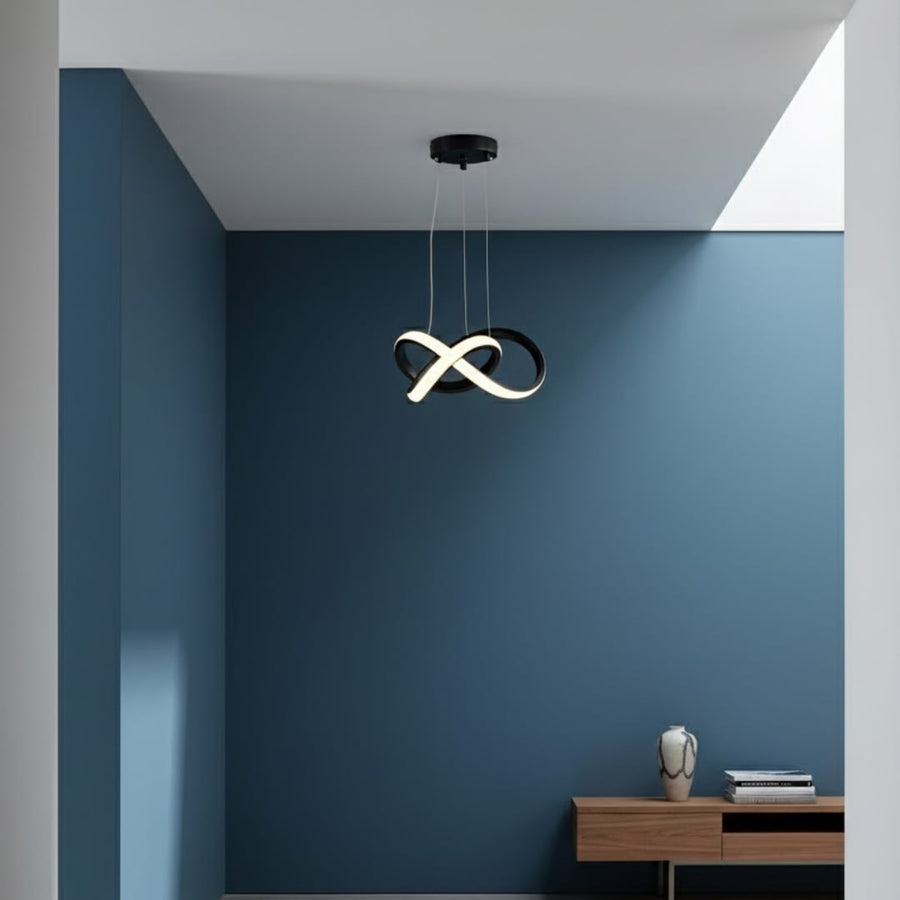 Modern ceiling light with sculptural metal design mounted in hallway adding soft ambient glow and stylish architectural accent indoors.