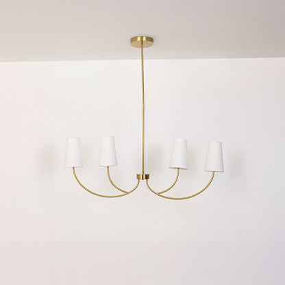 Contemporary brass gold five arm chandelier with white fabric cone shades and rod turned off displayed on white background.