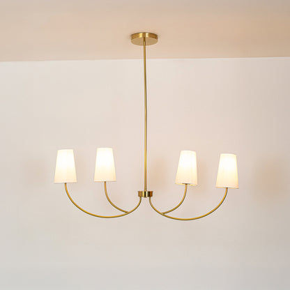 Gold metal chandelier with fabric drum shades designed for refined modern ceiling lighting in stylish home interiors.