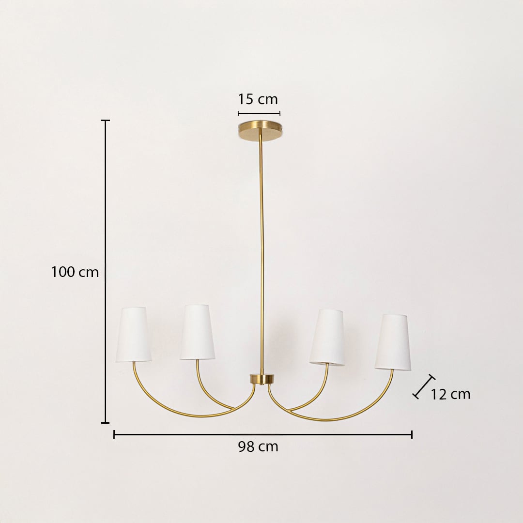 Dimension image of gold chandelier showing 100 cm height 98 cm width 15 cm ceiling plate and 12 cm shade diameter.