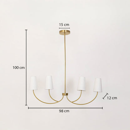 Dimension image of gold chandelier showing 100 cm height 98 cm width 15 cm ceiling plate and 12 cm shade diameter.