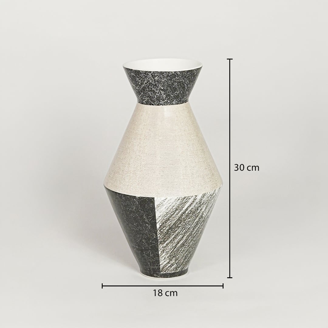White and grey ceramic geometric vase measuring 30 cm height and 18 cm width ideal for contemporary interior decor display.