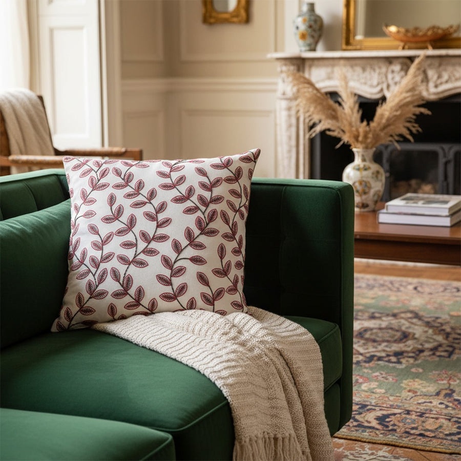 lowan designer red embroidered cushion cover main lifestyle