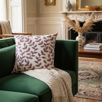 White cotton cushion cover with brown botanical print for living room bedroom sofa and modern home decor.