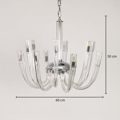 Modern chrome and clear glass chandelier sized 50 cm height and 60 cm width ideal for stylish living room ceiling lighting.