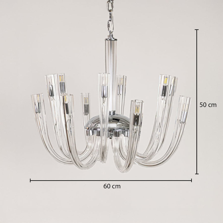 Modern chrome and clear glass chandelier sized 50 cm height and 60 cm width ideal for stylish living room ceiling lighting.