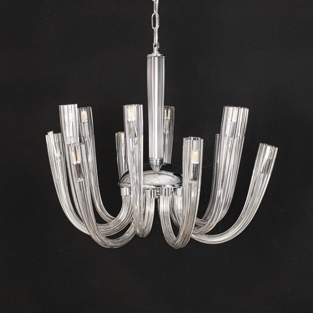 Modern chrome and clear glass chandelier displayed on black background ideal for premium modern ceiling decor.