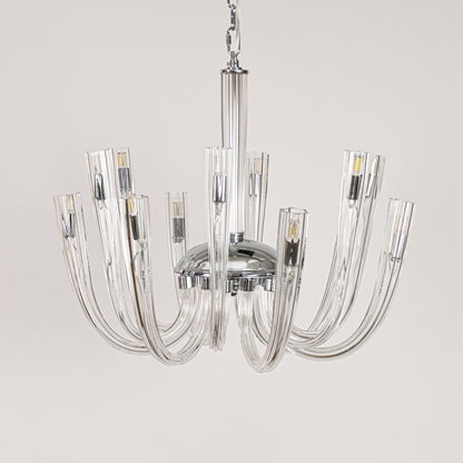 Modern chrome and clear glass chandelier shown on white background ideal for clean and contemporary room ceilings.