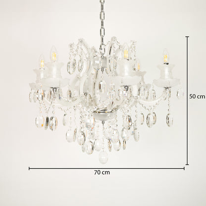 Dimension image of gold metal candle style chandelier for modern dining room decor styling with precise size measurement.