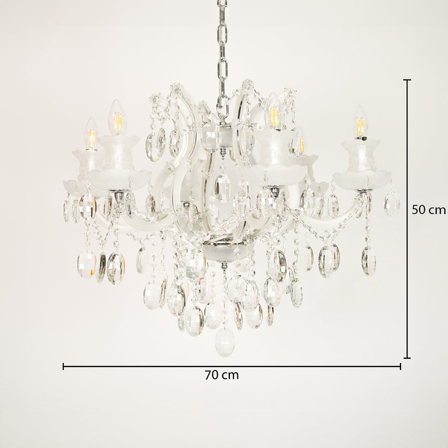 Dimension image of gold metal candle style chandelier for modern dining room decor styling with precise size measurement.