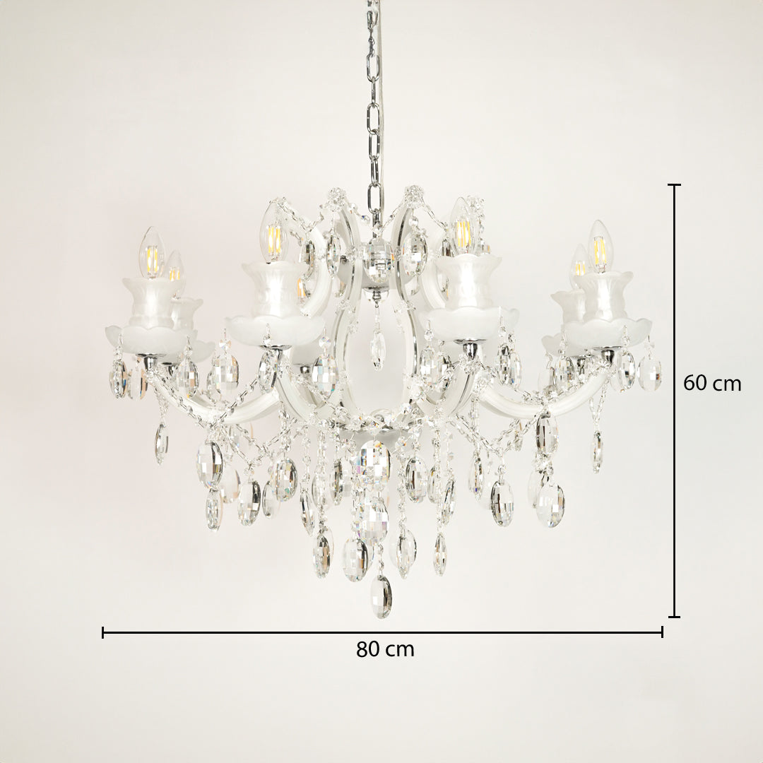 Dimension image of large gold metal candle style chandelier for modern dining room decor styling with precise size measurement.